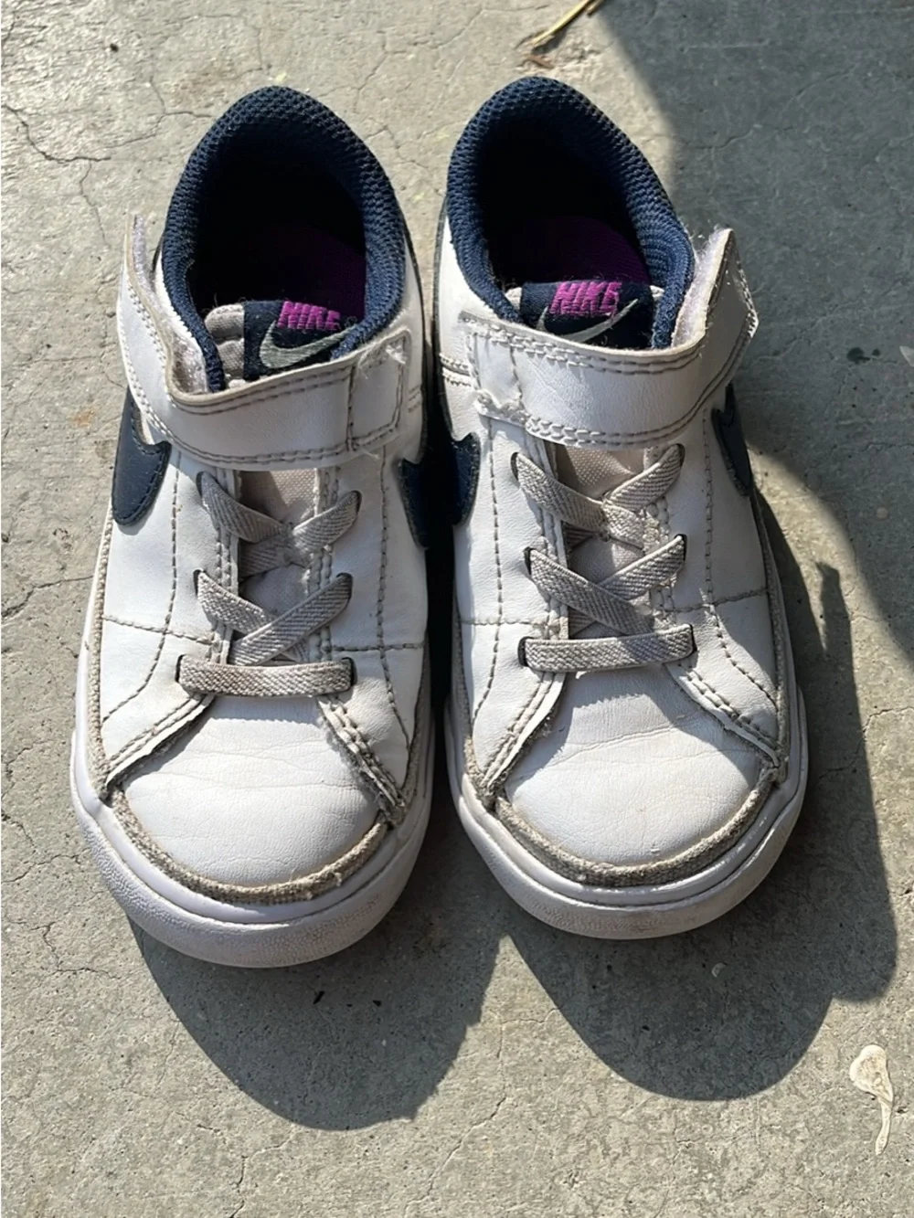 Nike Kids White Navy Velcro Sneakers with Pink Stripe